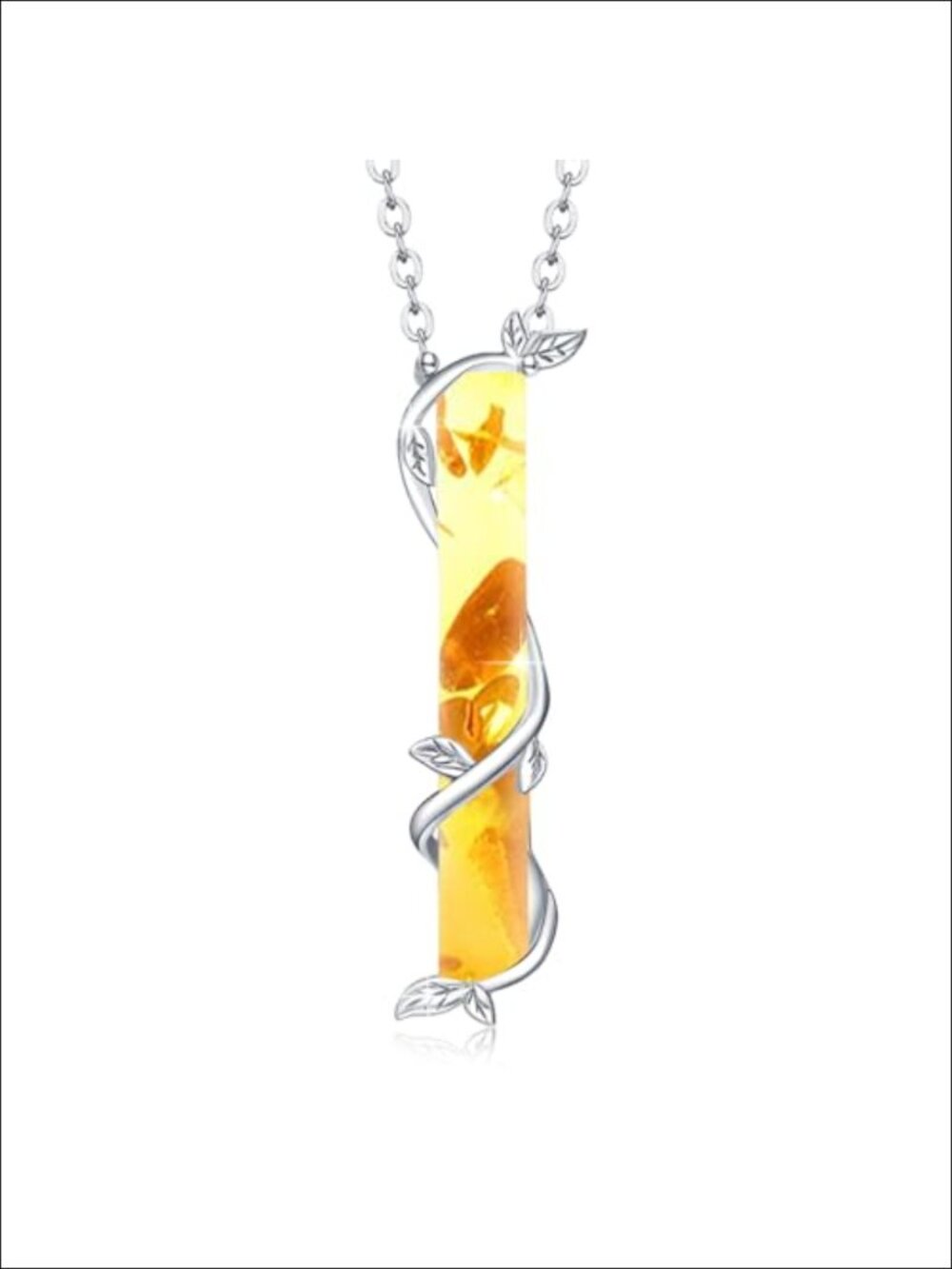Sterling Silver Bar Pendant Necklace Amber Leaf Women Gift Boxed